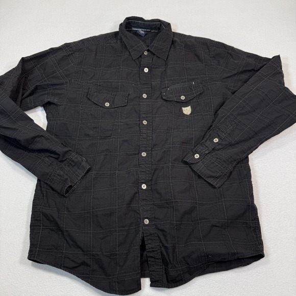 VTG Marithe Francois Girbaud Button Up Shirt Men‎ XL Black Plaid Metal Logo - Picture 1 of 9